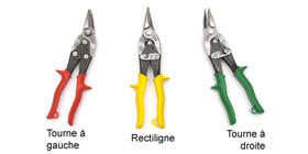 Cisailles à métal - Les couleurs de manches indiquent dans quel sens utiliser la cisaille: le jaune indique que la cisaille coupe de manière rectiligne, le vert indique que la cisaille "tourne vers la droite" et le rouge "tourne vers la gauche". Toujours porter des gants de protection.